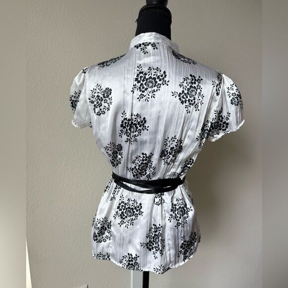 Quizz Again Satin Floral Blouse Y2K Puff Sleeve Tie Waist Romantic Glam Sz S - Picture 4 of 6